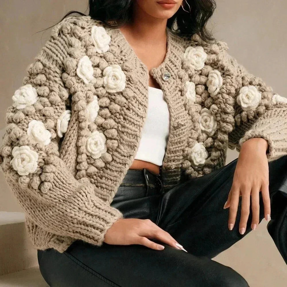 Khaki Casual Women's Crew Neck Long Sleeve Thick Knitted Loose Sweater Jacket - Picture 5 of 7